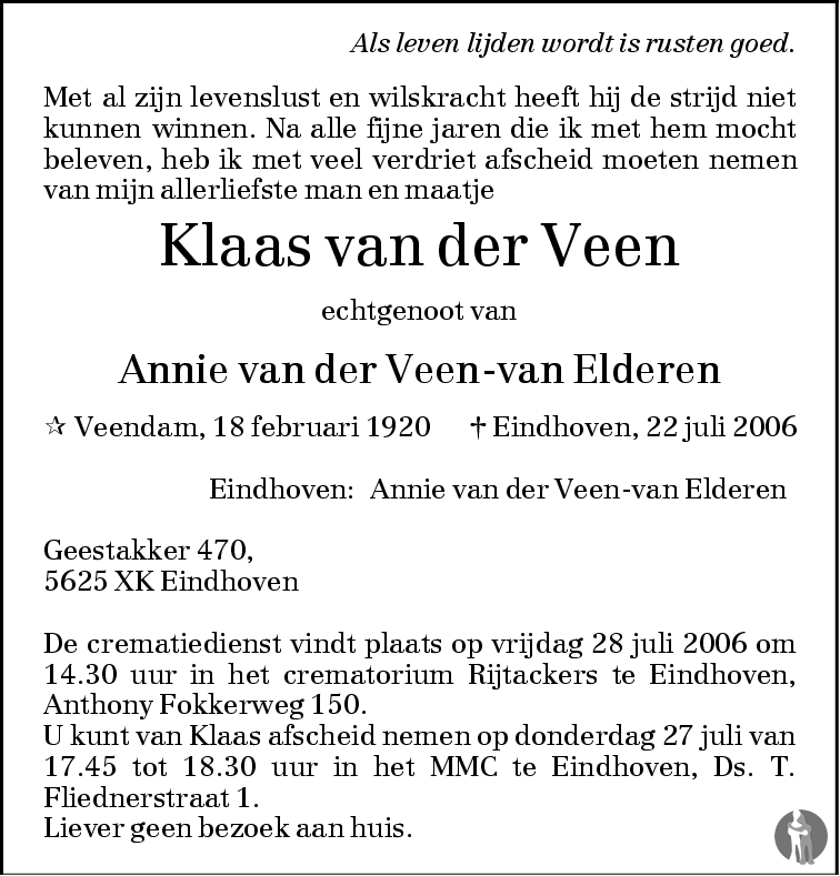 Klaas van der Veen 22-07-2006 overlijdensbericht en condoleances ...