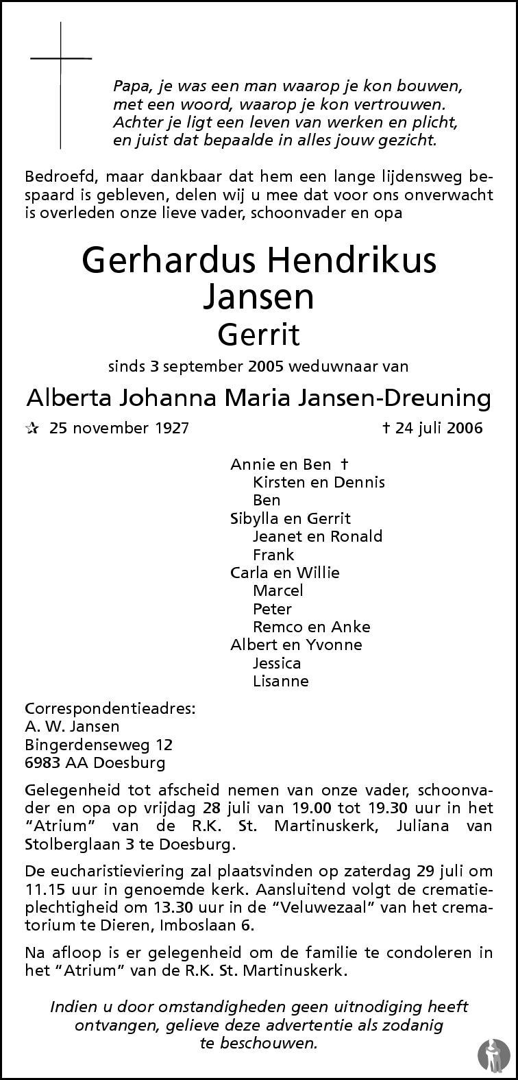Gerhardus Hendrikus Jansen 24072006 overlijdensbericht en
