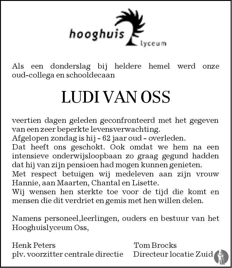 Ludovicus Johannes Maria (Ludi) van Oss 06-08-2006 overlijdensbericht ...
