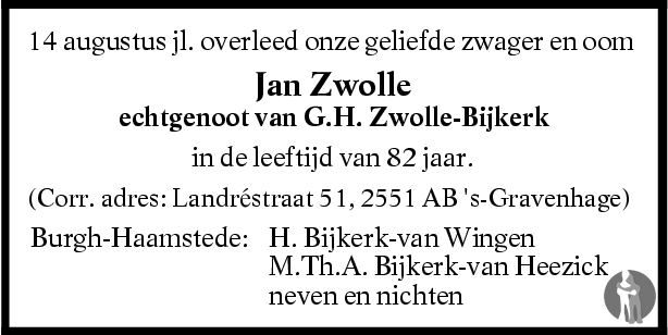 Jan Zwolle 14082006 overlijdensbericht en condoleances Mensenlinq.nl