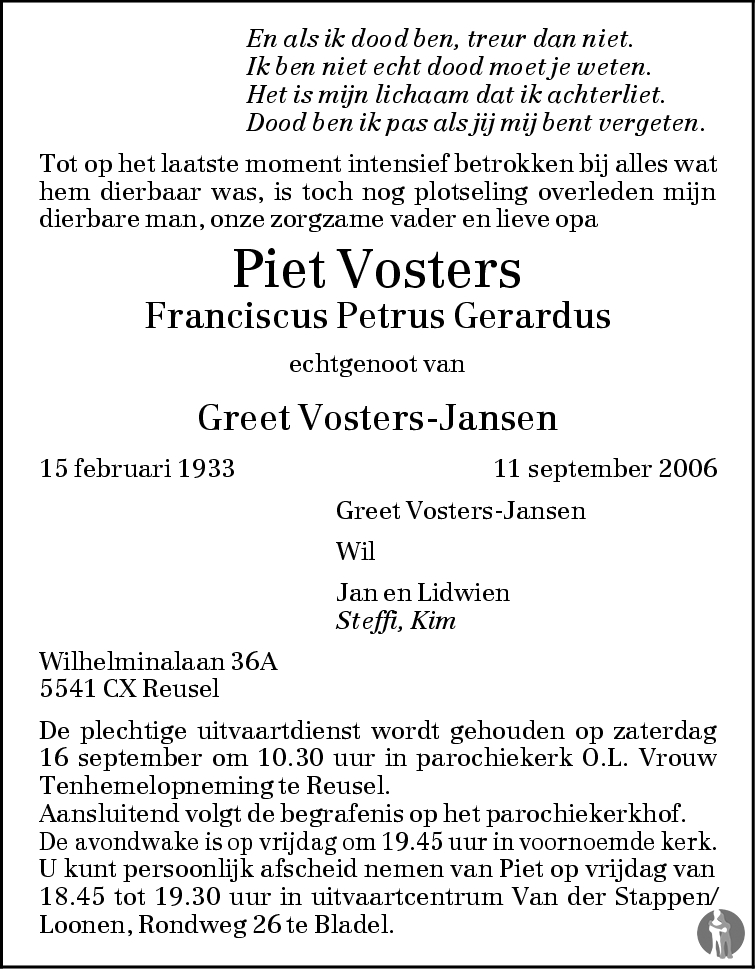 Franciscus Petrus Gerardus Piet Vosters Overlijdensbericht