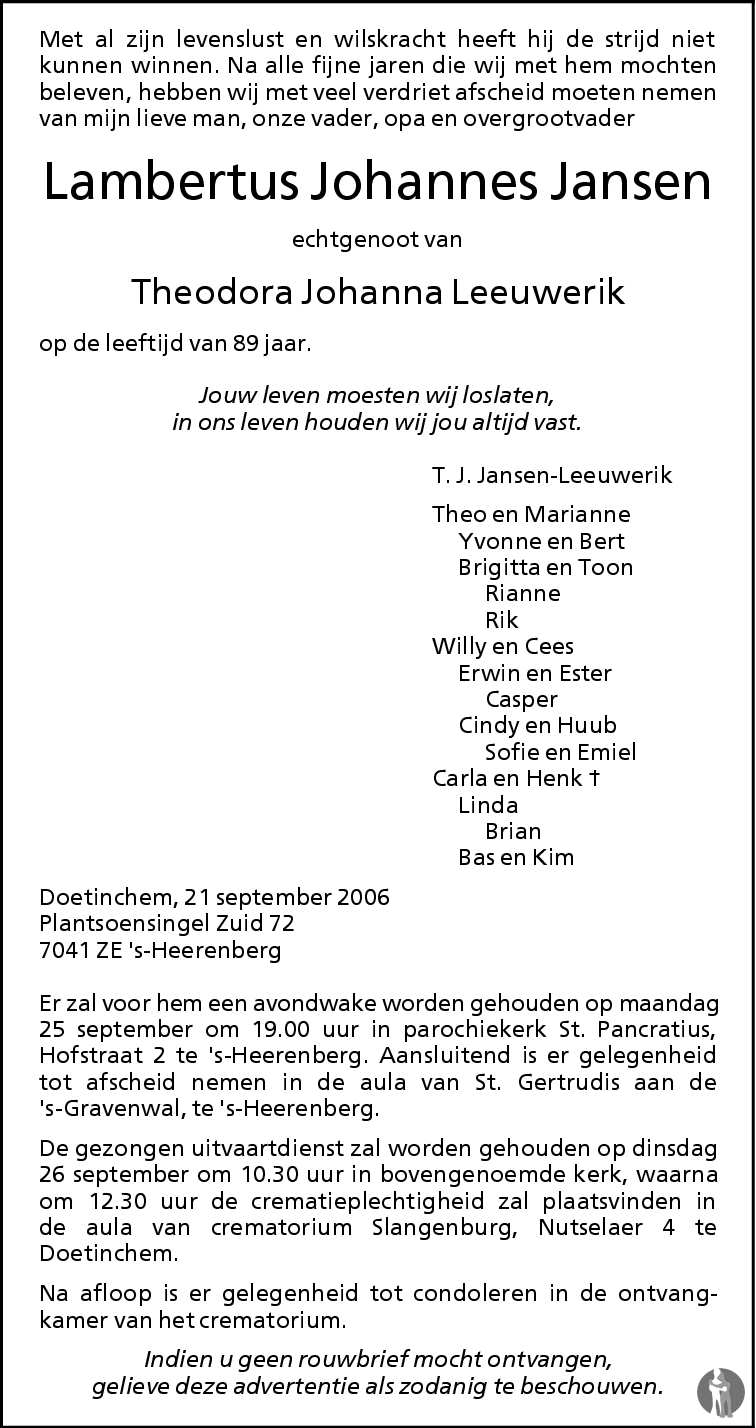 Lambertus Johannes Jansen 21092006 overlijdensbericht en condoleances