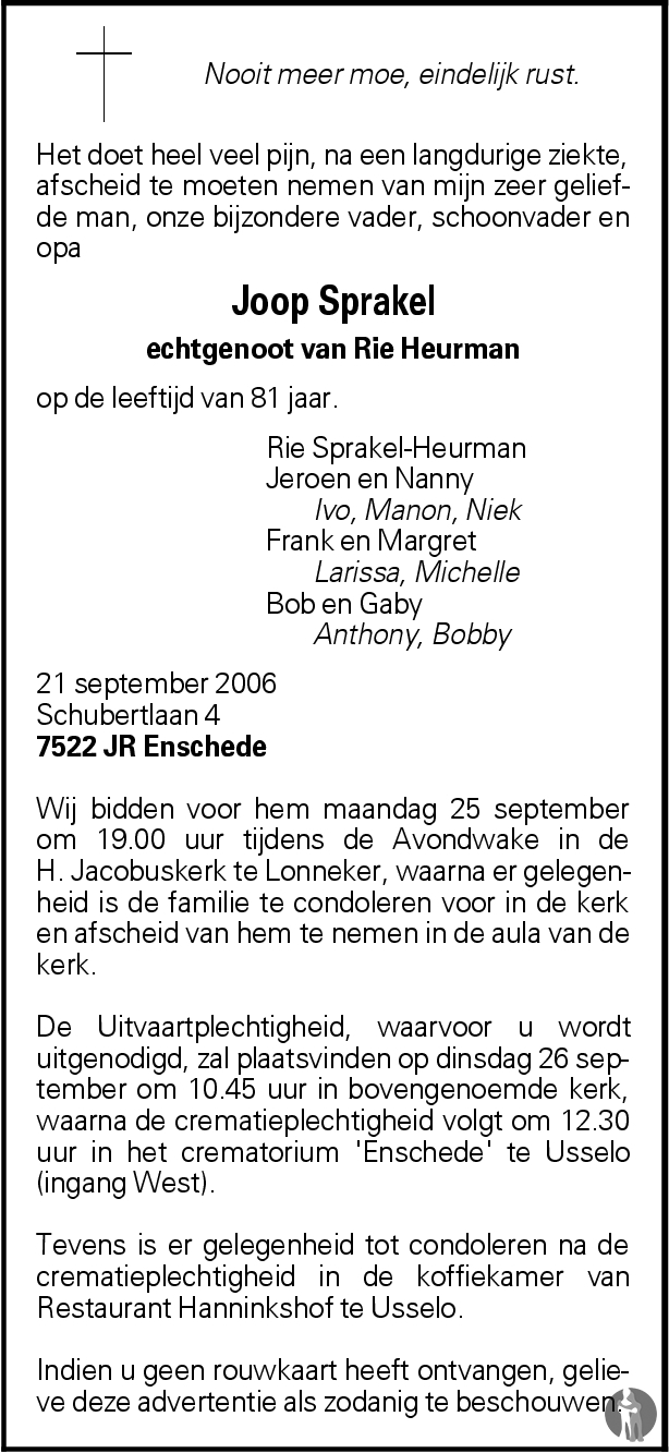 Joop Sprakel 21092006 overlijdensbericht en condoleances Mensenlinq.nl