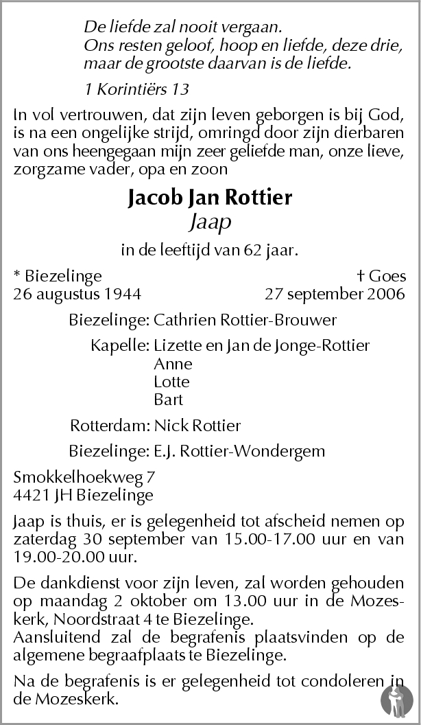 Jacob Jan (Jaap) Rottier 27-09-2006 overlijdensbericht en condoleances ...