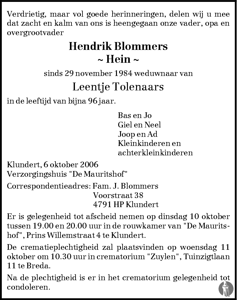 Overlijdensbericht van Hendrik (Hein) Blommers in BN DeStem