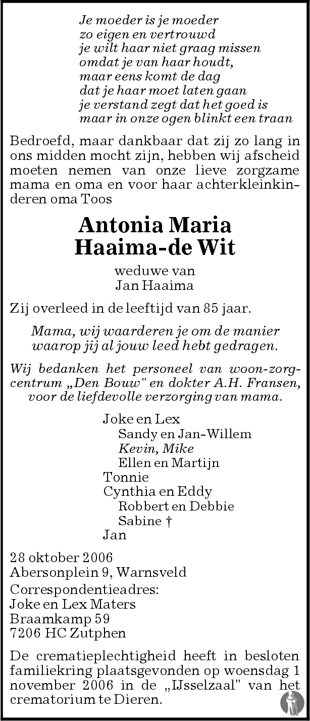 Overlijdensbericht van Antonia Maria Haaima - de Wit in de Stentor