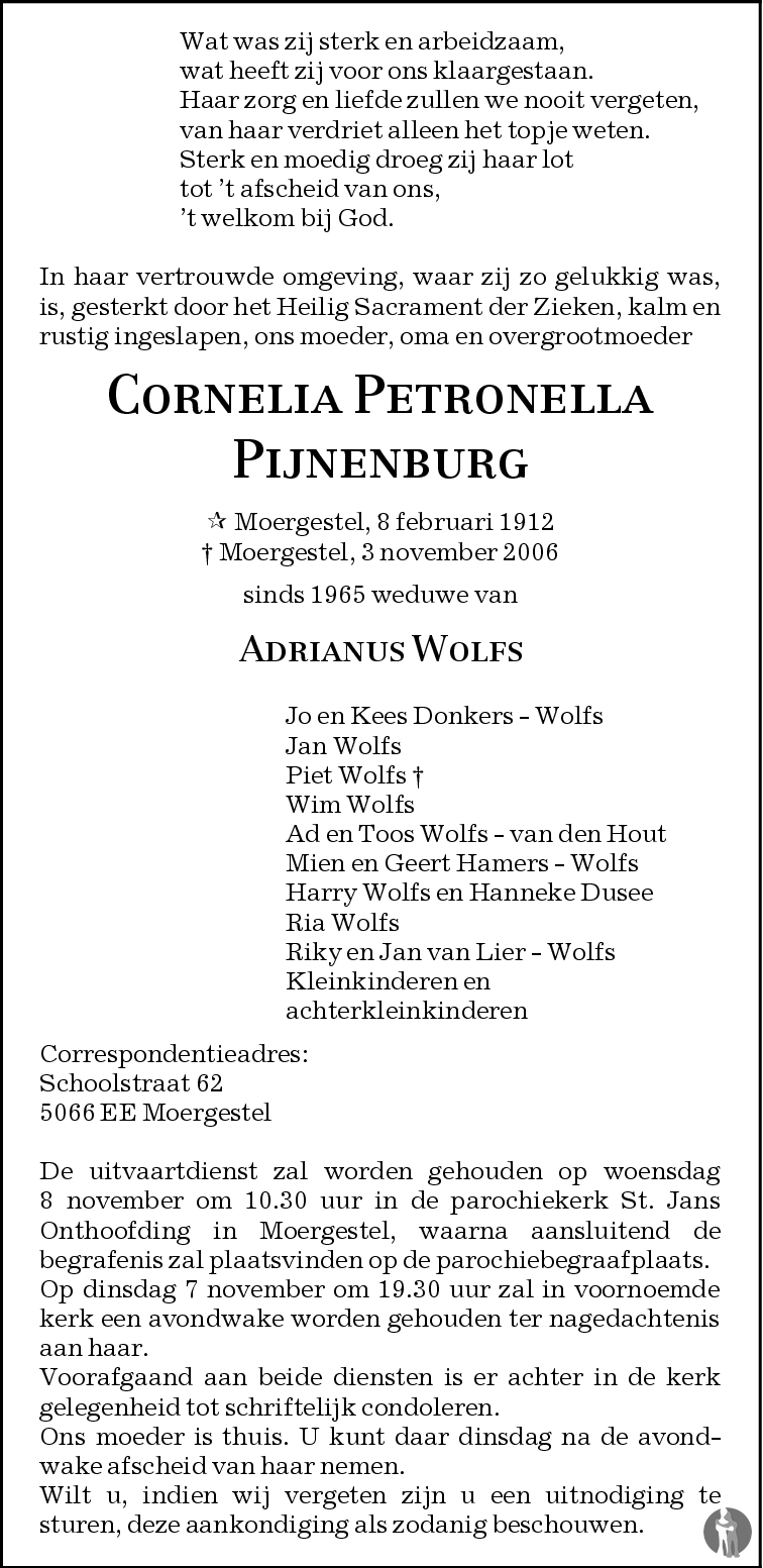 Overlijdensbericht van Cornelia Petronella Wolfs - Pijnenburg in Brabants Dagblad