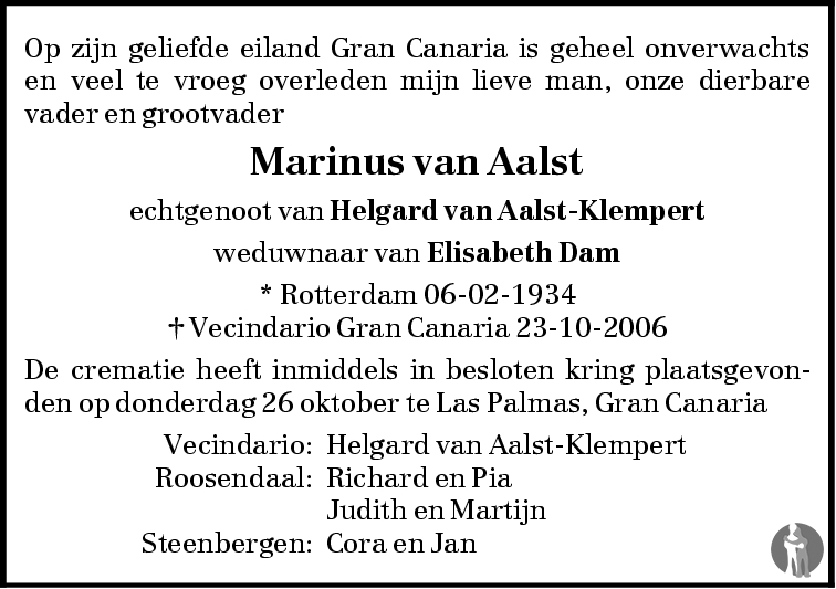 Marinus van Aalst 23102006 overlijdensbericht en condoleances