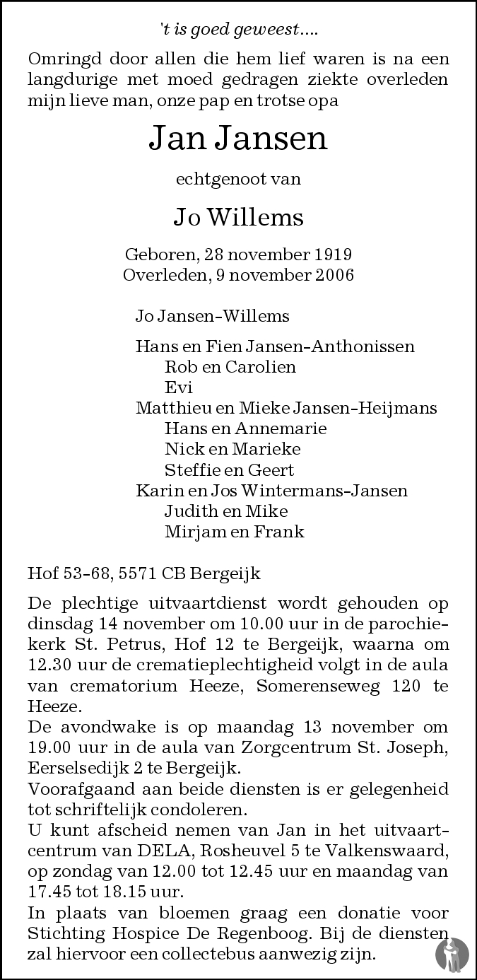 Jan Jansen 09112006 overlijdensbericht en condoleances Mensenlinq.nl