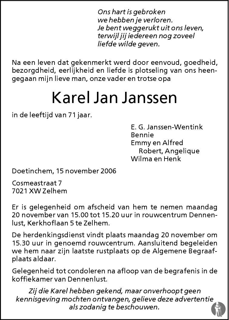 Karel Jan Janssen 15-11-2006 overlijdensbericht en condoleances ...