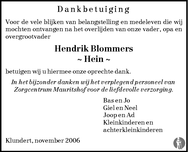 Overlijdensbericht van Hendrik (Hein) Blommers in BN DeStem