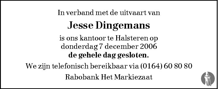 Overlijdensbericht van Jesse  Dingemans in BN DeStem