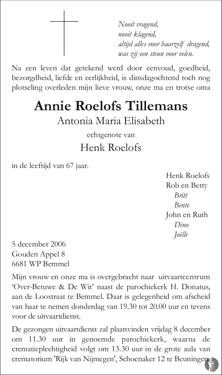 Overlijdensbericht van Antonia Maria Elisabeth (Annie) Roelofs - Tillemans in de Gelderlander