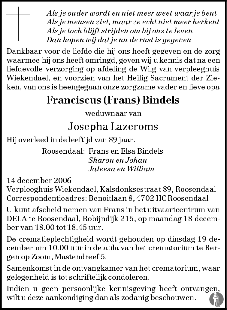 Franciscus Frans Bindels 14 12 2006 Overlijdensbericht En Condoleances Mensenlinq Nl