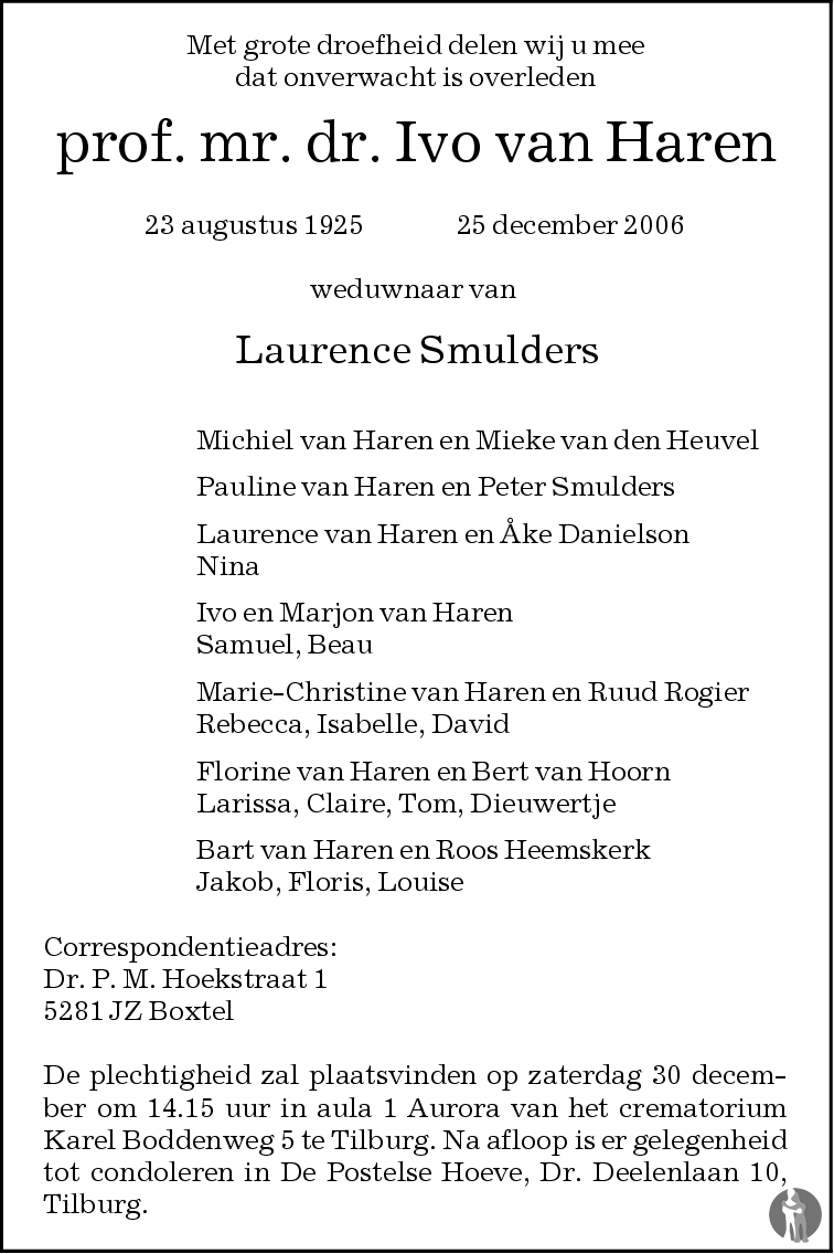 Prof. Mr. Dr. Ivo van Haren 25-12-2006 overlijdensbericht en ...