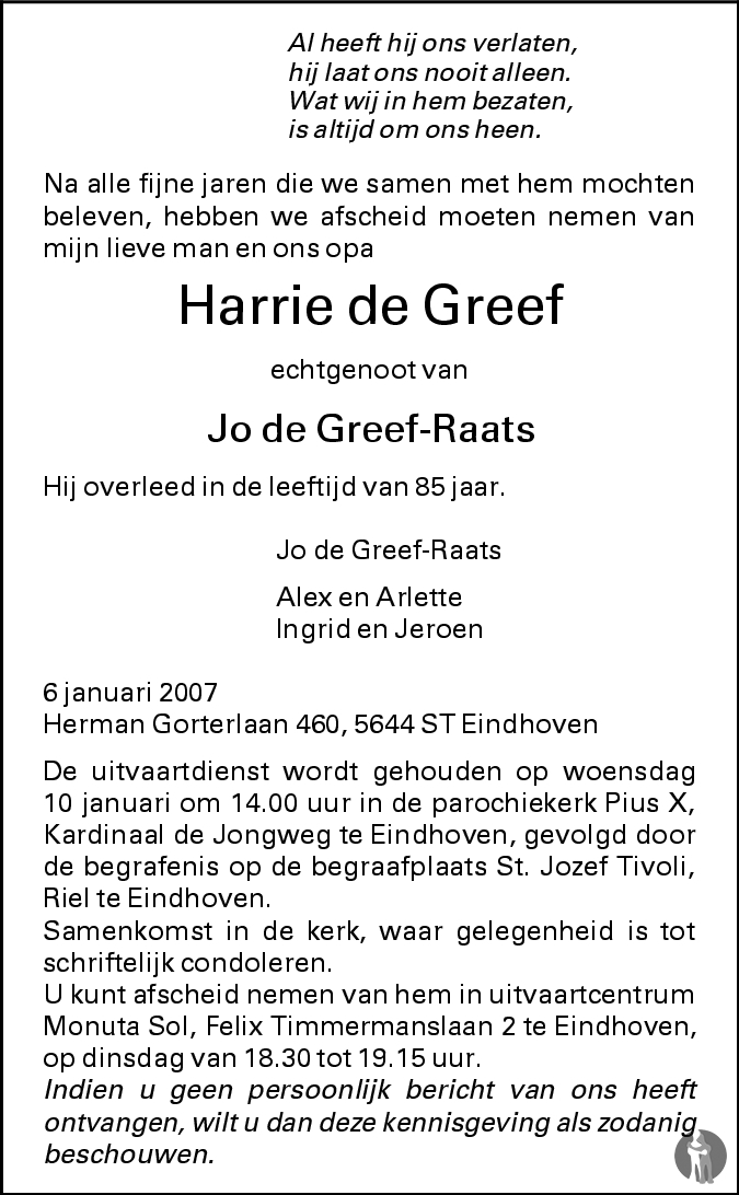 Harrie de Greef 06-01-2007 overlijdensbericht en condoleances ...