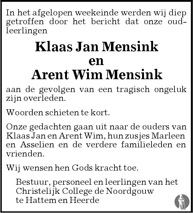 KlaasJan en Arent Willem Mensink 12012007 overlijdensbericht en