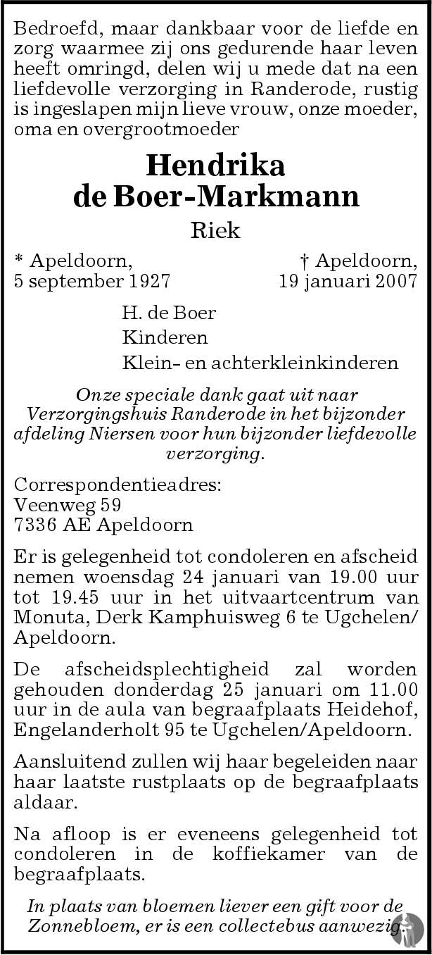 Hendrika Riek De Boer Markmann 10 01 2007 Overlijdensbericht En 
