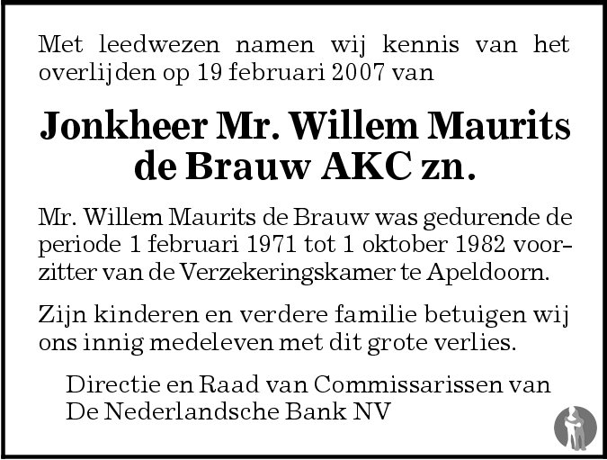 Willem Maurits de Brauw AKC zn. 19022007 overlijdensbericht en