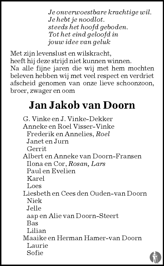 Jan Jakob van Doorn 24-02-2007 overlijdensbericht en condoleances ...