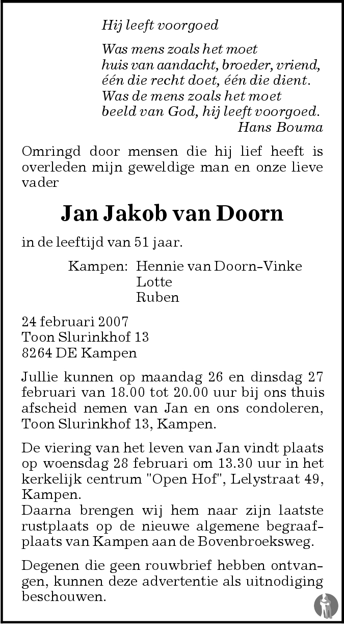 Jan Jakob van Doorn 24-02-2007 overlijdensbericht en condoleances ...