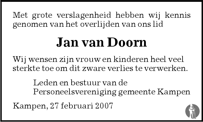 Jan Jakob van Doorn 24-02-2007 overlijdensbericht en condoleances ...