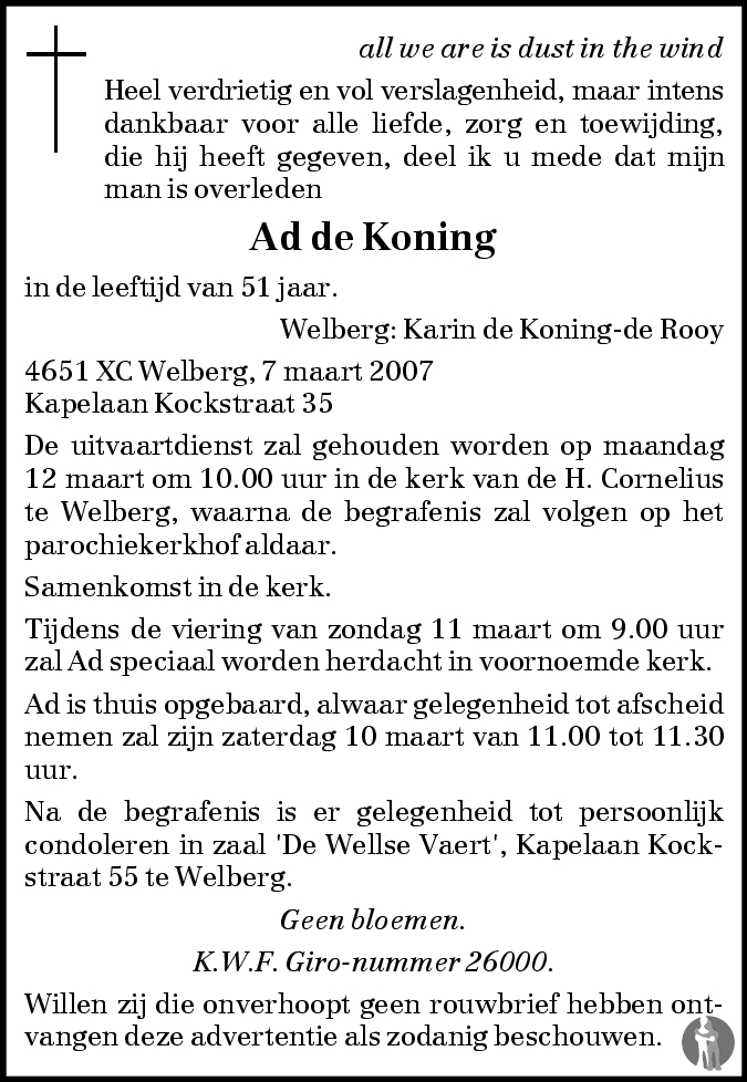 Ad de Koning 07032007 overlijdensbericht en condoleances Mensenlinq.nl