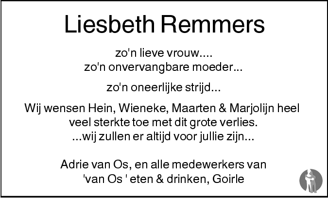 Overlijdensbericht van Liesbeth Remmers - van der Vleuten in Brabants Dagblad