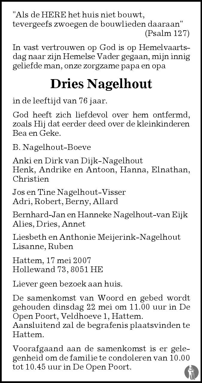 Dries Nagelhout 17-05-2007 overlijdensbericht en condoleances ...
