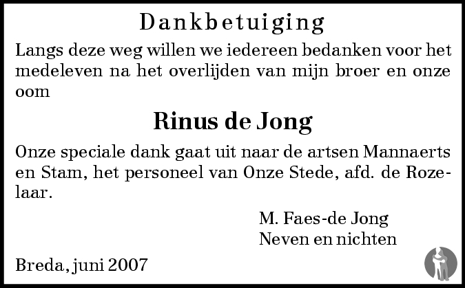 Marinus Cornelis (Rinus) de Jong 06052007 overlijdensbericht en