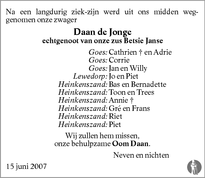 Daniёl Pieter (Daan) de Jonge 15-06-2007 overlijdensbericht en ...