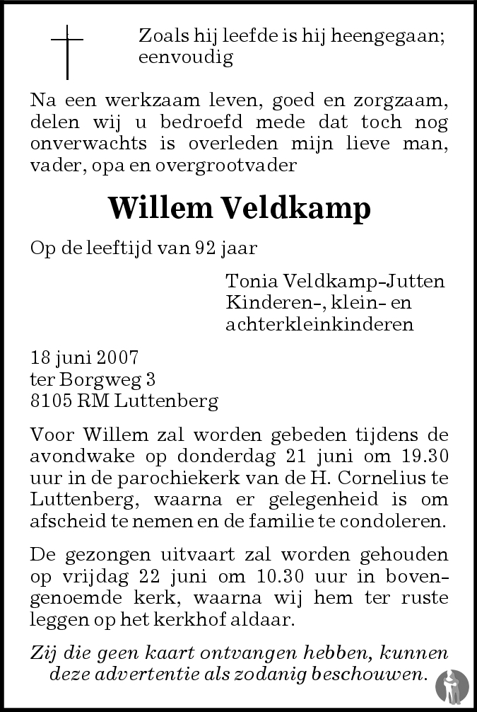 Willem Veldkamp 18062007 overlijdensbericht en condoleances