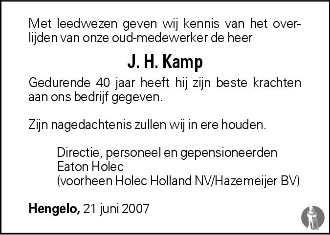 Jan Hendrik Kamp 19-06-2007 overlijdensbericht en condoleances ...