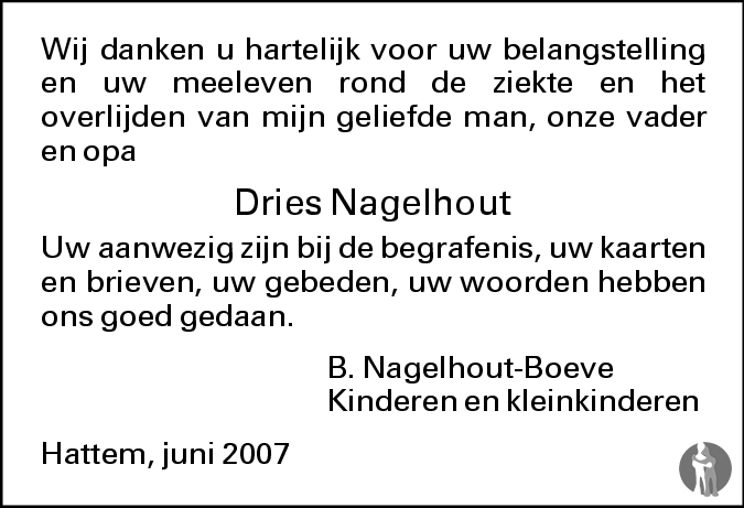 Dries Nagelhout 17-05-2007 overlijdensbericht en condoleances ...