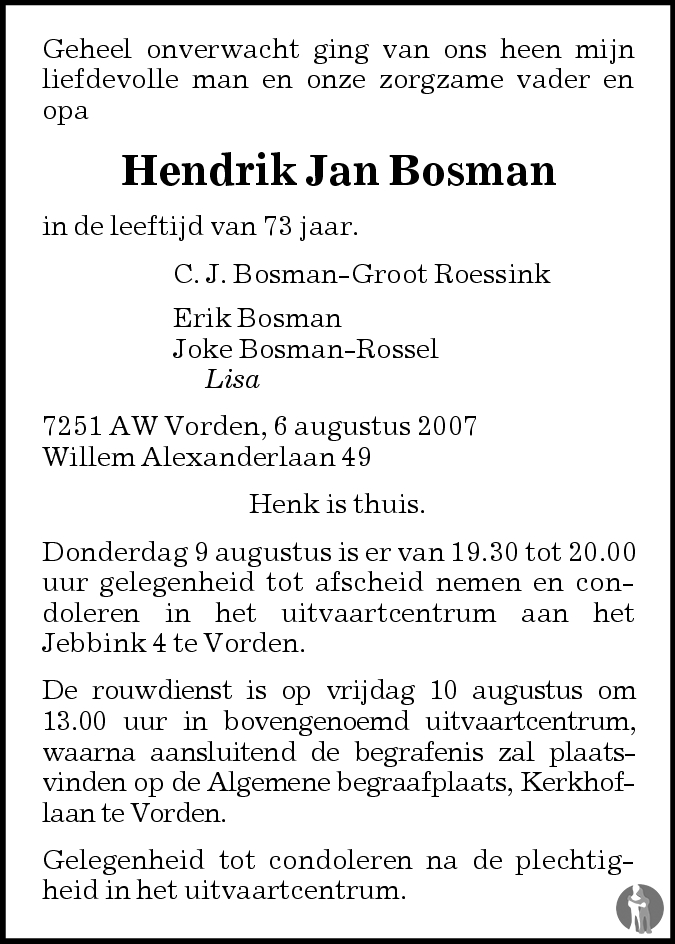 Hendrik Jan Bosman 06-08-2007 overlijdensbericht en condoleances ...