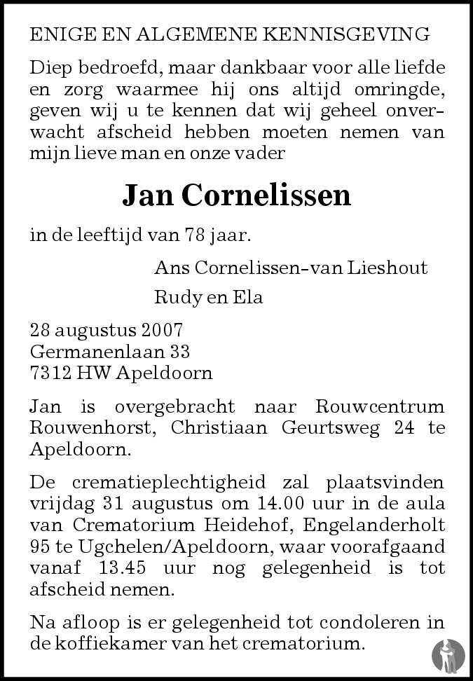 Jan Cornelissen 28082007 overlijdensbericht en condoleances