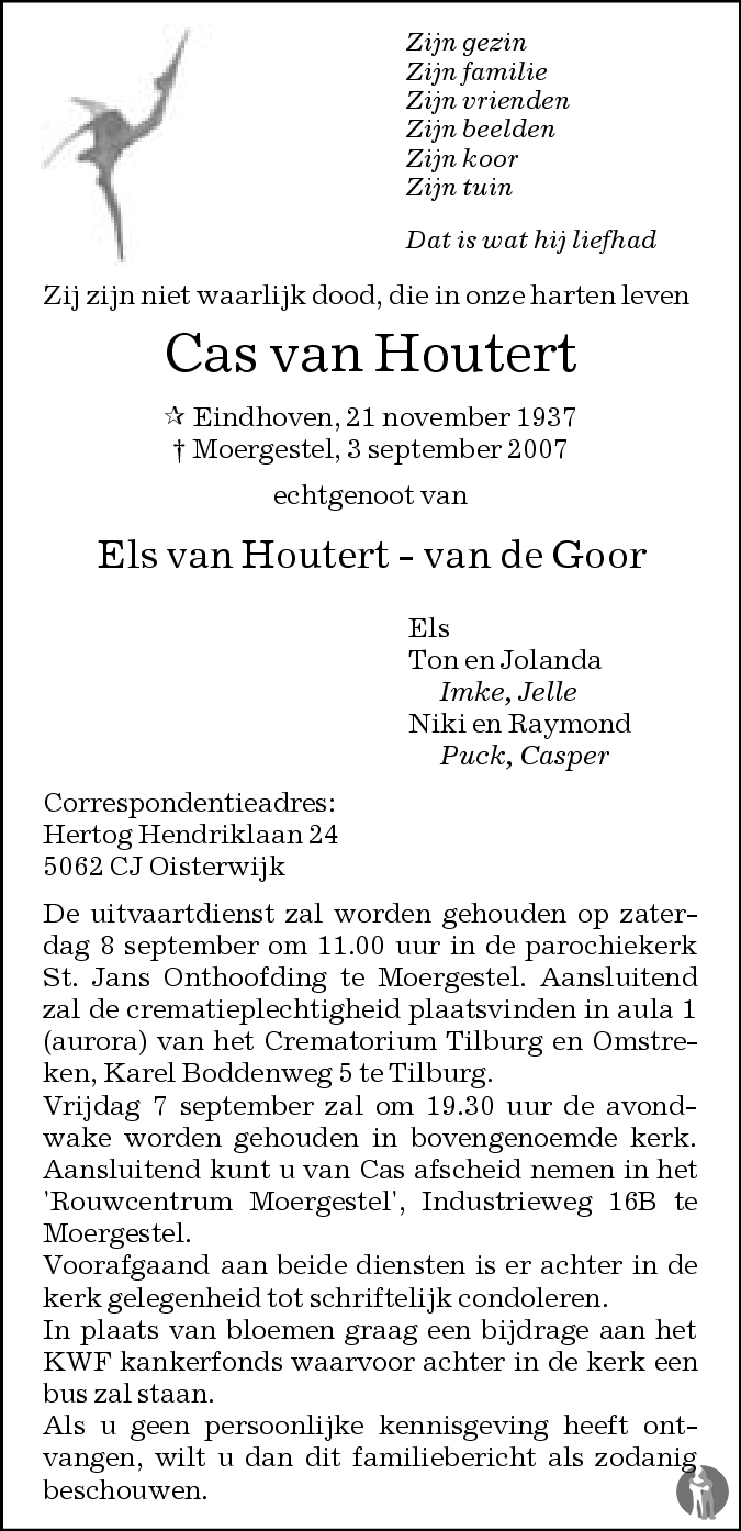 Overlijdensbericht van Cas van Houtert in Brabants Dagblad