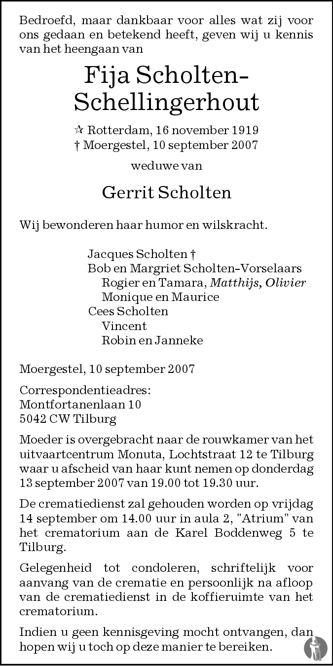 Overlijdensbericht van Fijna Scholten - Schellingerhout in Brabants Dagblad