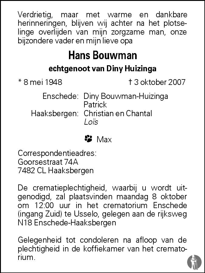 Hans Bouwman 03-10-2007 Overlijdensbericht En Condoleances - Mensenlinq.nl