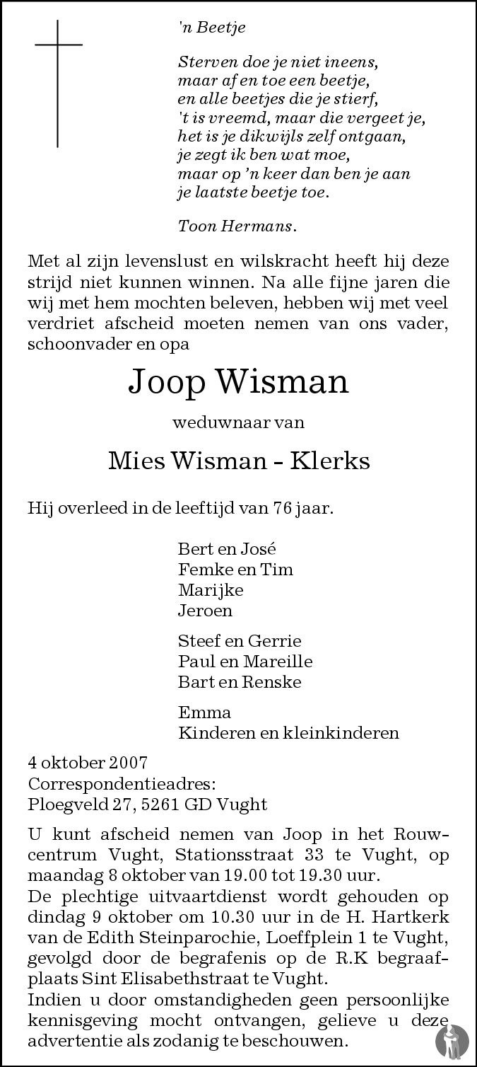 Joop Wisman 04102007 overlijdensbericht en condoleances Mensenlinq.nl