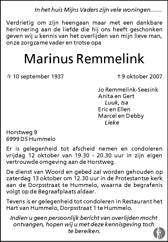 Marinus Remmelink 09-10-2007 overlijdensbericht en condoleances ...