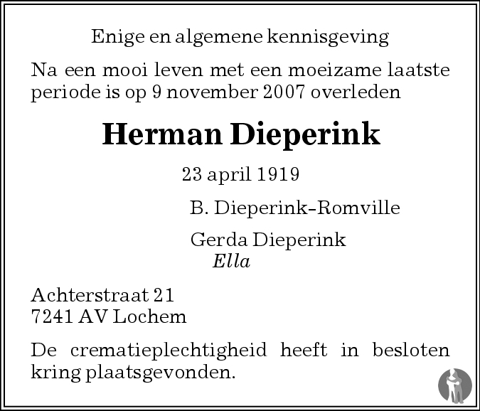 Herman Dieperink 09-11-2007 overlijdensbericht en condoleances ...