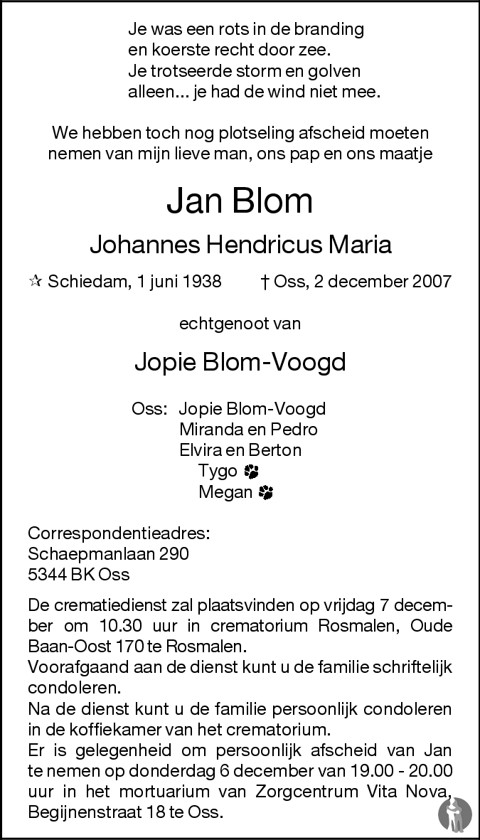 Johannes Hendricus Maria (Jan) Blom 02122007 overlijdensbericht en