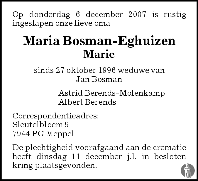 Overlijdensbericht van Maria (Marie) Bosman - Eghuizen in de Stentor