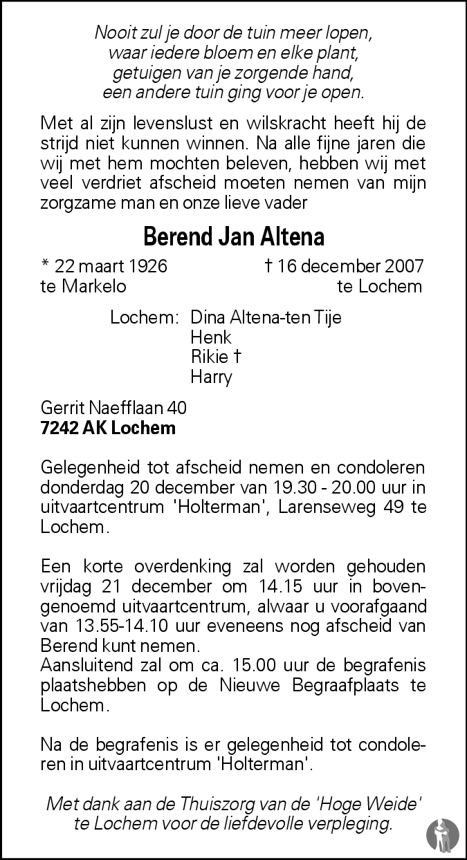 Berend Jan Altena Overlijdensbericht En Condoleances Mensenlinq Nl