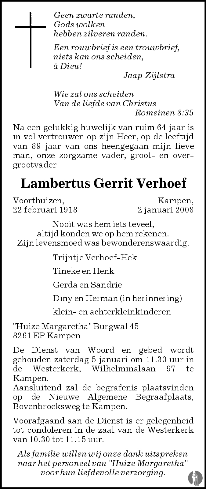 Overlijdensbericht van Lambertus Gerrit Verhoef in de Stentor