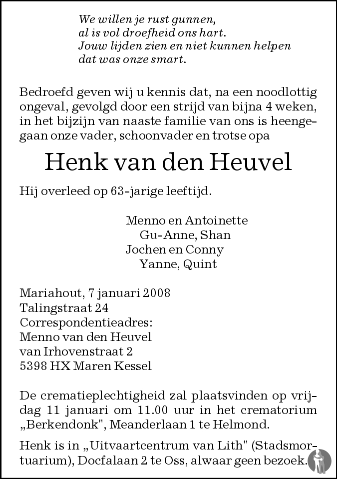 Henk van den Heuvel 07-01-2008 overlijdensbericht en condoleances ...