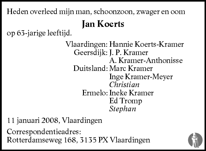 Jan Koerts 11012008 overlijdensbericht en condoleances Mensenlinq.nl
