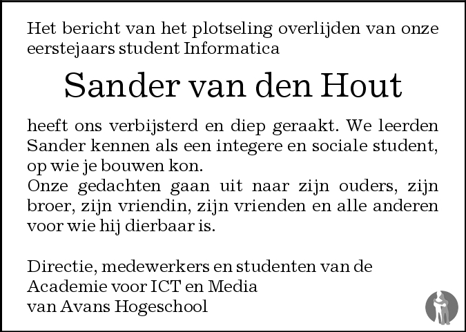 Sander van den Hout 15012008 overlijdensbericht en condoleances