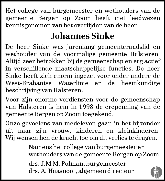 Overlijdensbericht van Johannes Sinke in BN DeStem